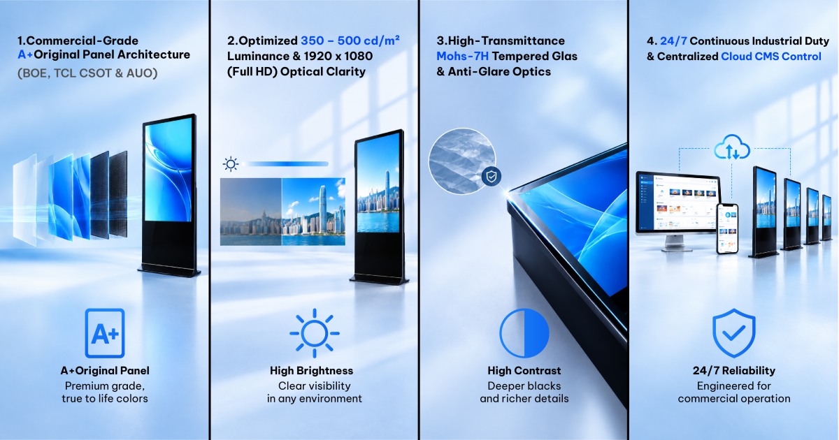 32-Inch Slim-Bezel Floor-Standing Digital Signage with A+ panel, Full HD display, tempered glass and cloud CMS illustration