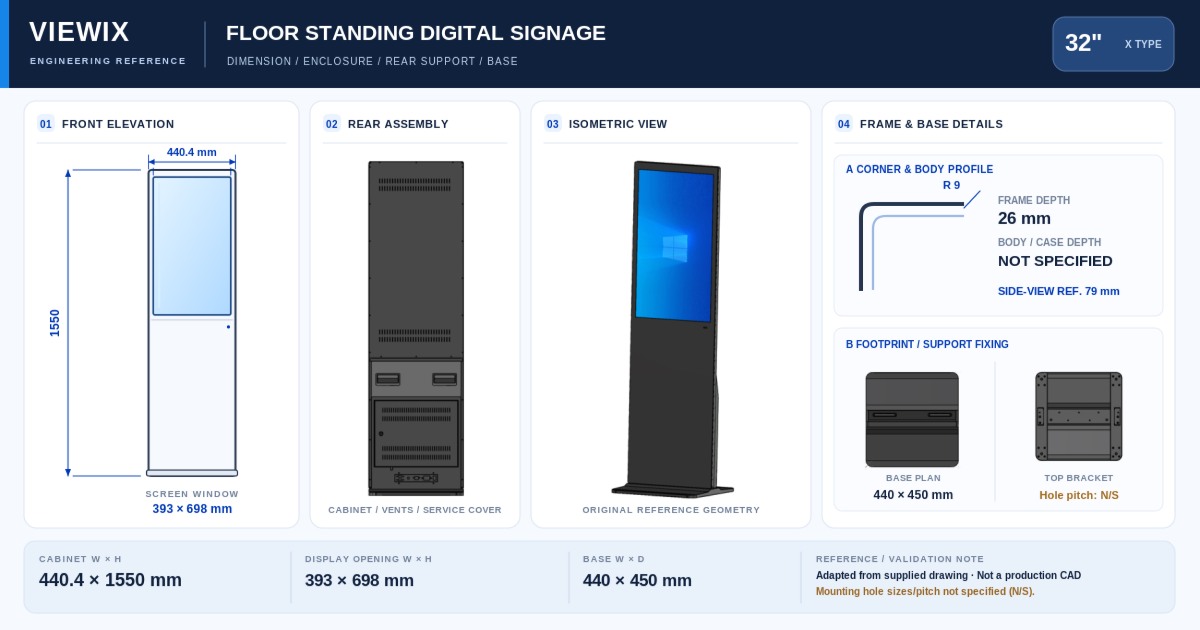 32-Inch Slim-Bezel Floor-Standing Digital Signage technical drawing showing front, rear, cabinet dimensions and base details