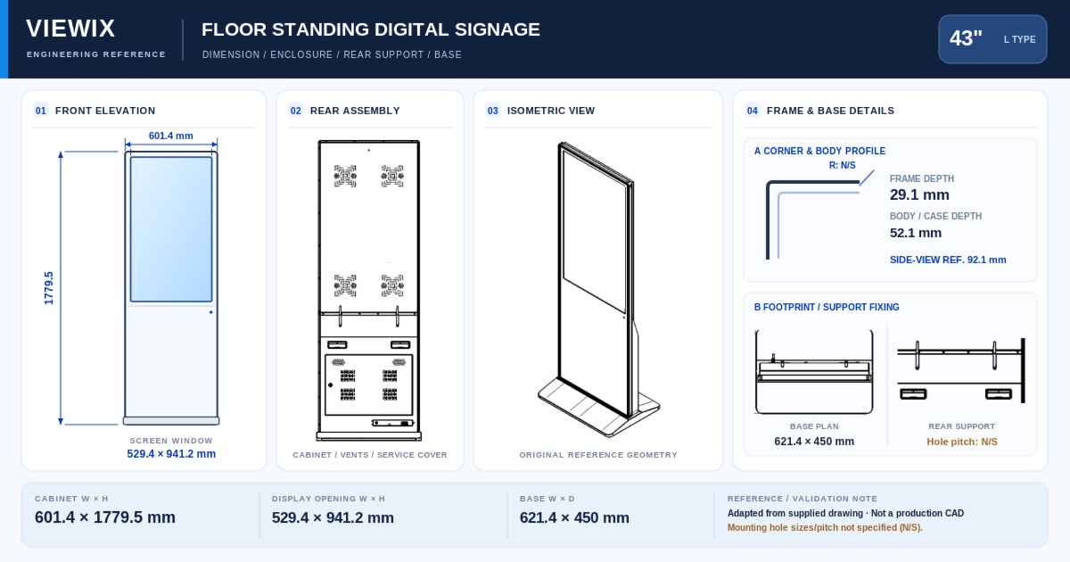 43-Inch Slim-Bezel Floor-Standing Digital Signage technical drawing showing front, rear, cabinet dimensions and base details