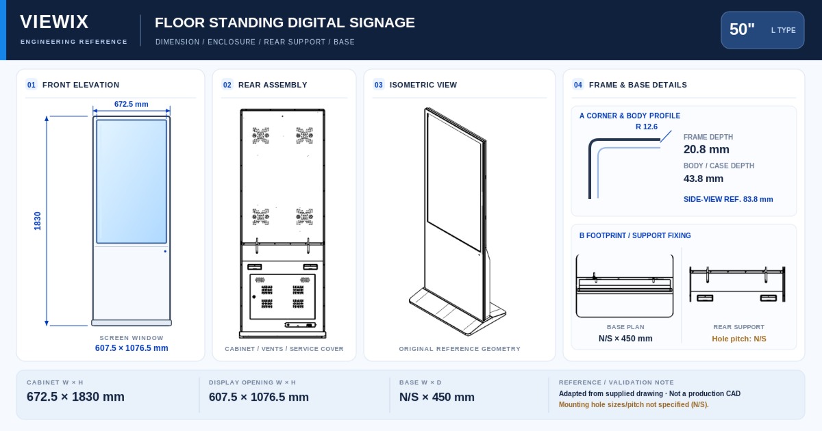 50-Inch Slim-Bezel Floor-Standing Digital Signage technical drawing showing front, rear, cabinet dimensions and base details