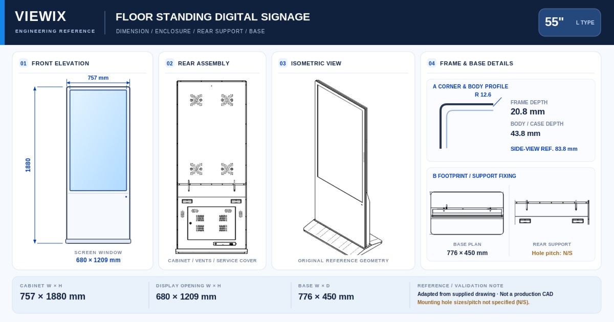 55-Inch Slim-Bezel Floor-Standing Digital Signage technical drawing showing front, rear, cabinet dimensions and base details