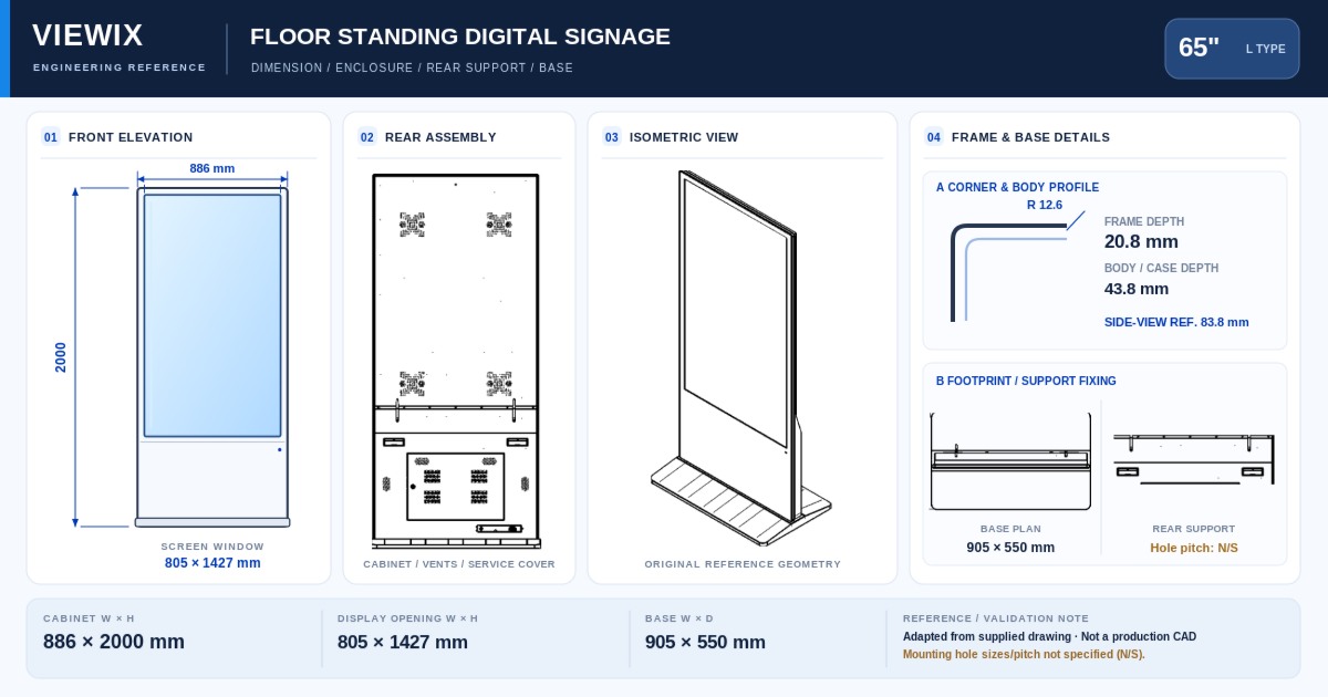 65-Inch Slim-Bezel Floor-Standing Digital Signage technical drawing showing front, rear, cabinet dimensions and base details