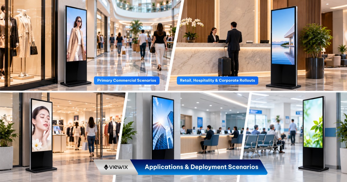 32-Inch Slim-Bezel Floor-Standing Digital Signage application illustration in retail stores, hotel reception, offices and healthcare settings