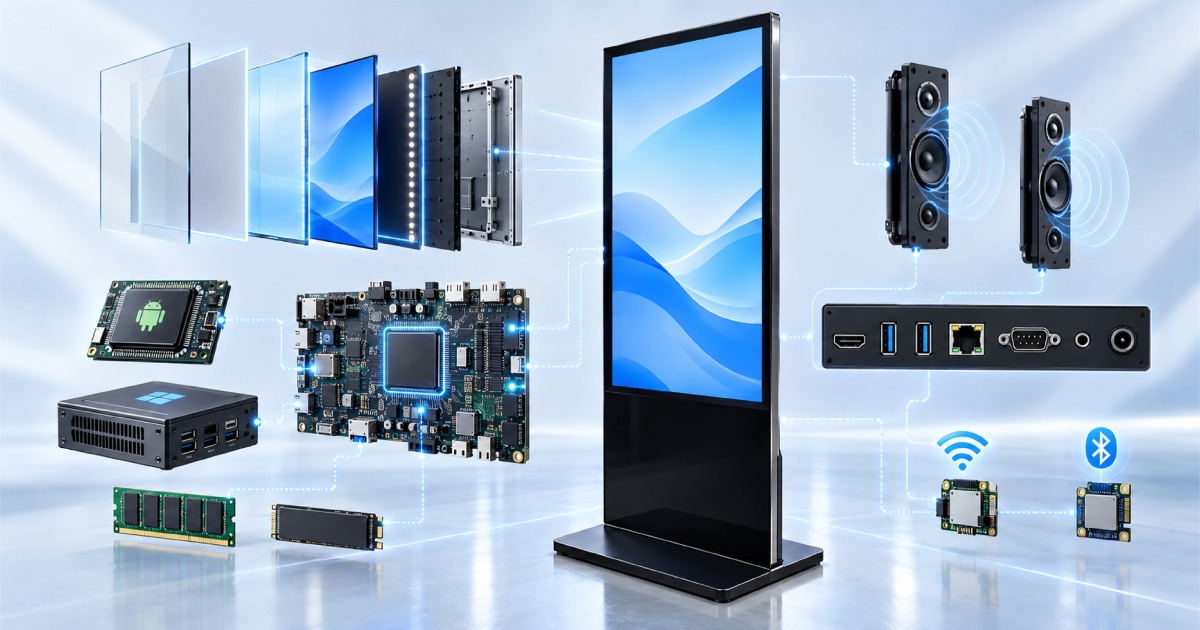 32-Inch Slim-Bezel Floor-Standing Digital Signage hardware illustration with Android and Windows players, speakers, memory and connectivity