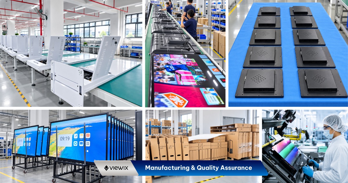 32-Inch Slim-Bezel Floor-Standing Digital Signage manufacturing and quality assurance illustration showing assembly, display testing and packaging