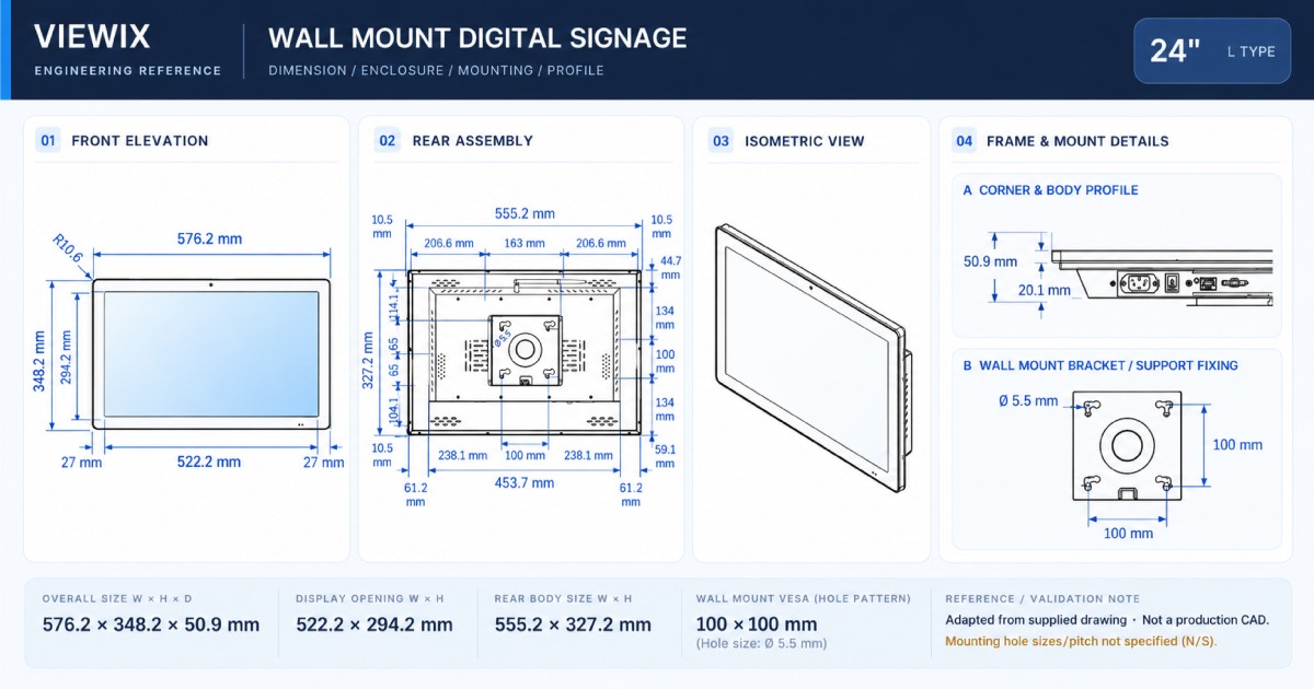24-Inch Wall Mount Digital Signage technical drawing with front, rear, profile and wall-mount dimensions