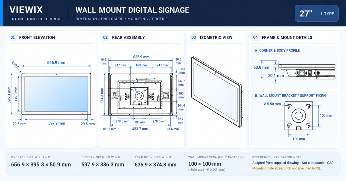 27-Inch Wall Mount Digital Signage technical drawing with front, rear, profile and wall-mount dimensions