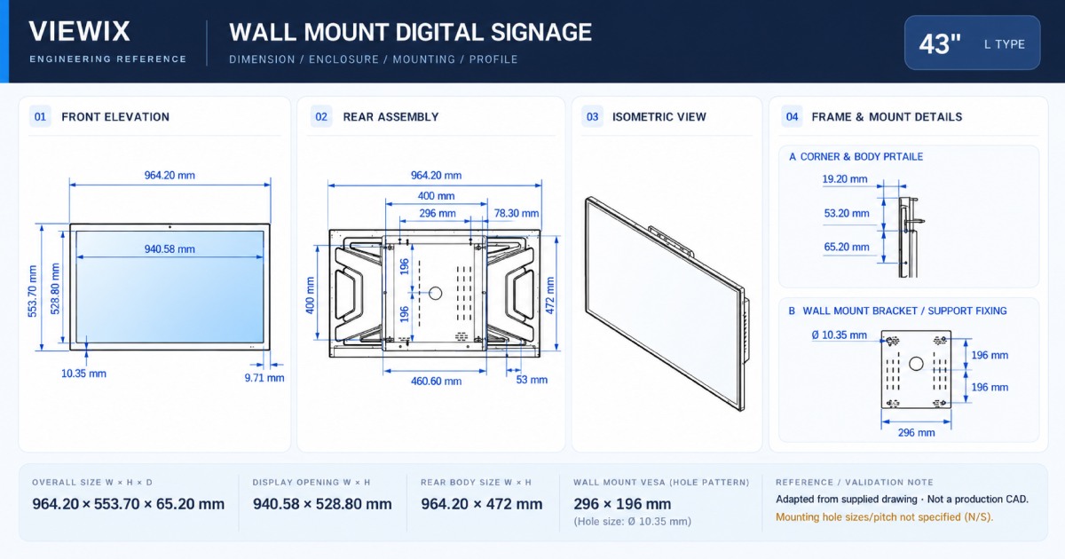 43-Inch Wall Mount Digital Signage technical drawing with front, rear, profile and wall-mount dimensions