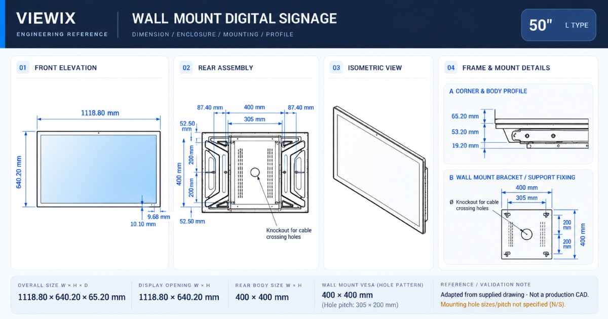50-Inch Wall Mount Digital Signage technical drawing with front, rear, profile and wall-mount dimensions