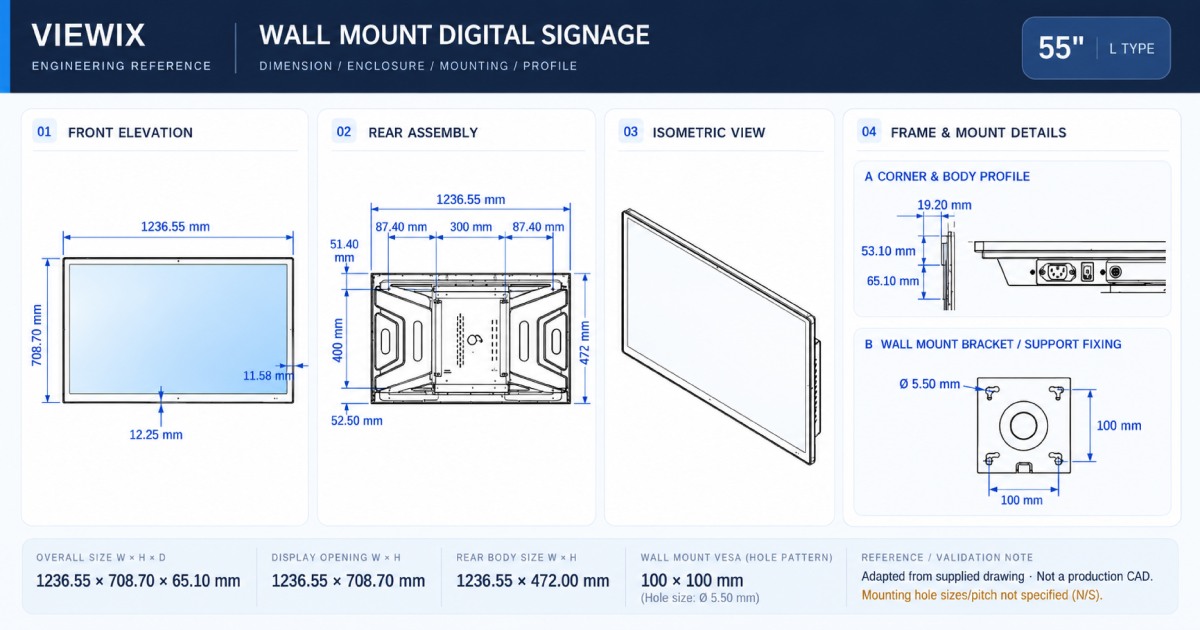 55-Inch Wall Mount Digital Signage technical drawing with front, rear, profile and wall-mount dimensions