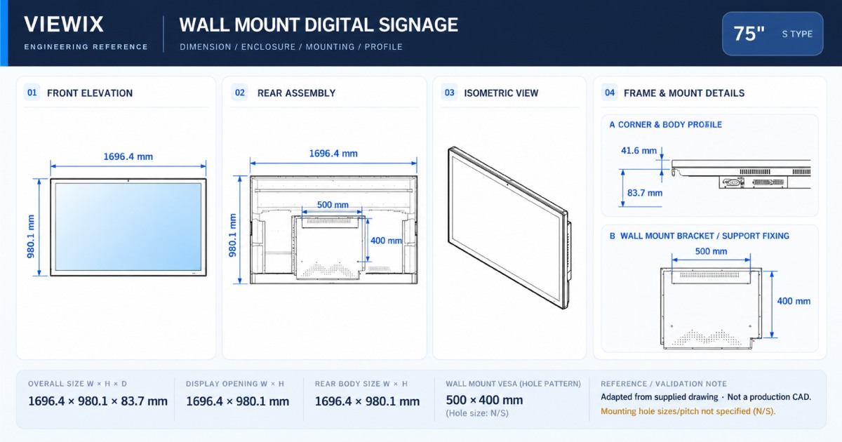 75-Inch Wall Mount Digital Signage technical drawing with front, rear, profile and wall-mount dimensions