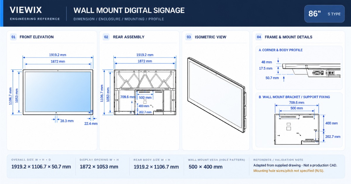 86-Inch Wall Mount Digital Signage technical drawing with front, rear, profile and wall-mount dimensions