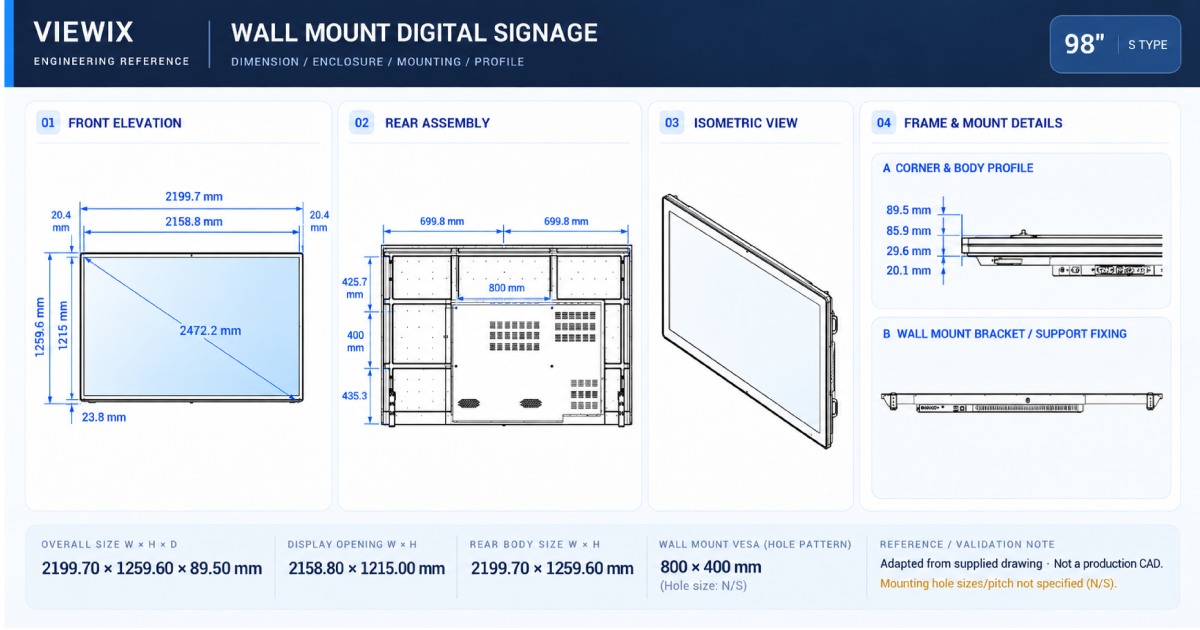 98-Inch Wall Mount Digital Signage technical drawing with front, rear, profile and wall-mount dimensions