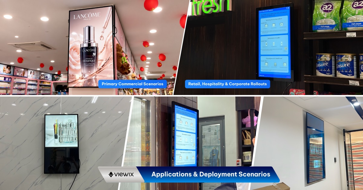 22-Inch Wall Mount Digital Signage application illustration showing wall-mounted displays in retail and commercial interiors