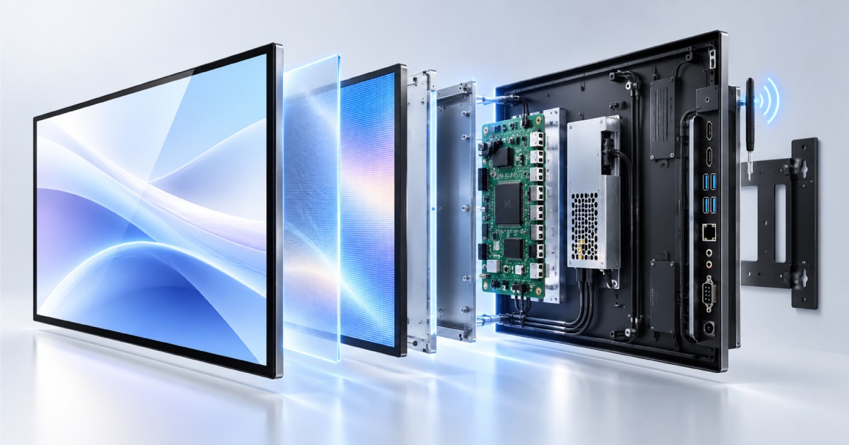 22-Inch Wall Mount Digital Signage exploded hardware illustration with display layers, mainboard, power supply, I/O ports and wall bracket