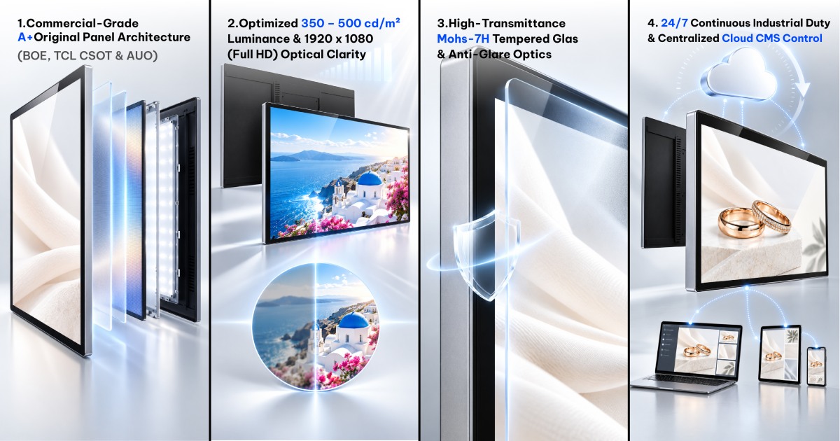 22-Inch Wall Mount Digital Signage feature illustration showing panel layers, tempered glass, optical clarity and cloud CMS