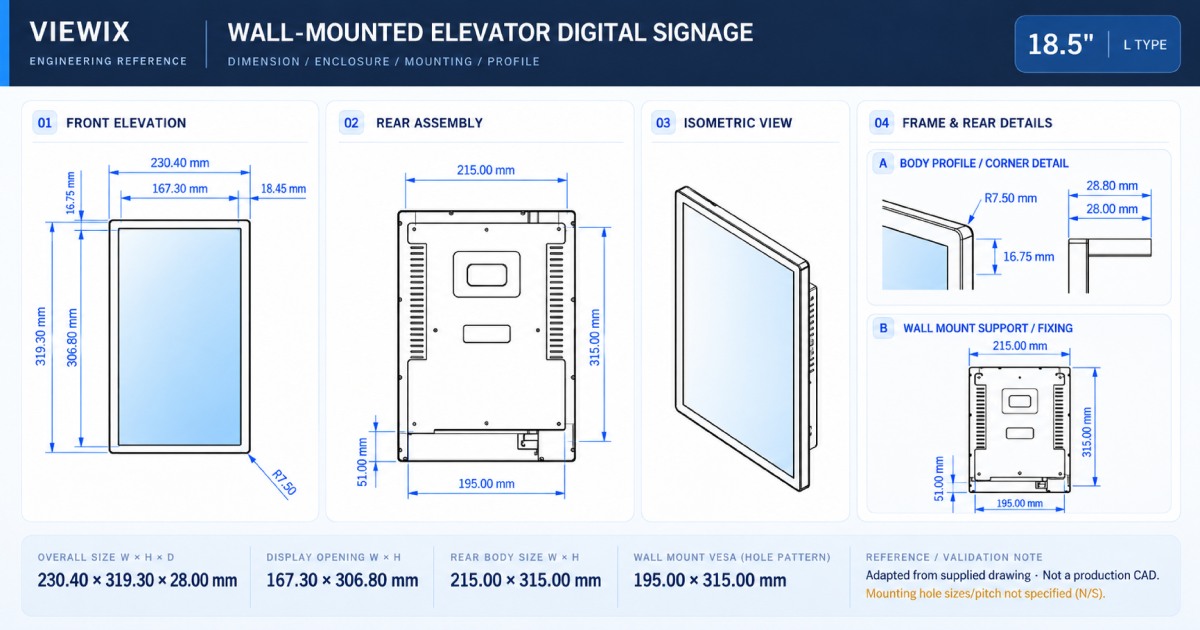 18.5-Inch Wall-Mounted Elevator Digital Signage technical drawing showing front, rear, enclosure dimensions and mounting details