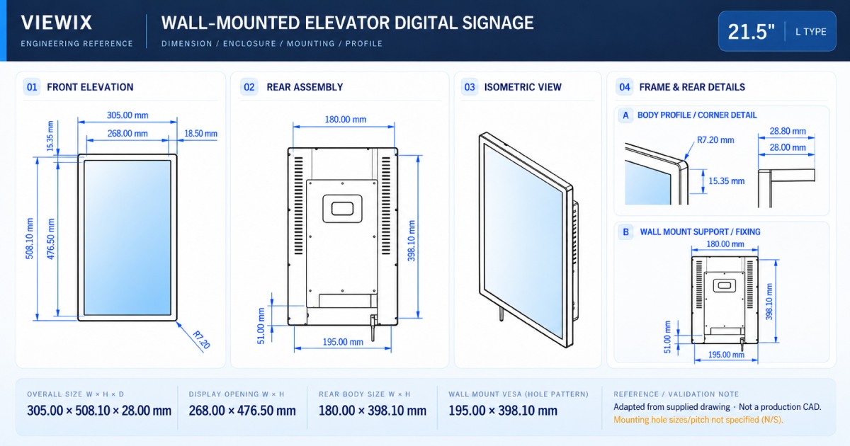 21.5-Inch Wall-Mounted Elevator Digital Signage technical drawing showing front, rear, enclosure dimensions and mounting details
