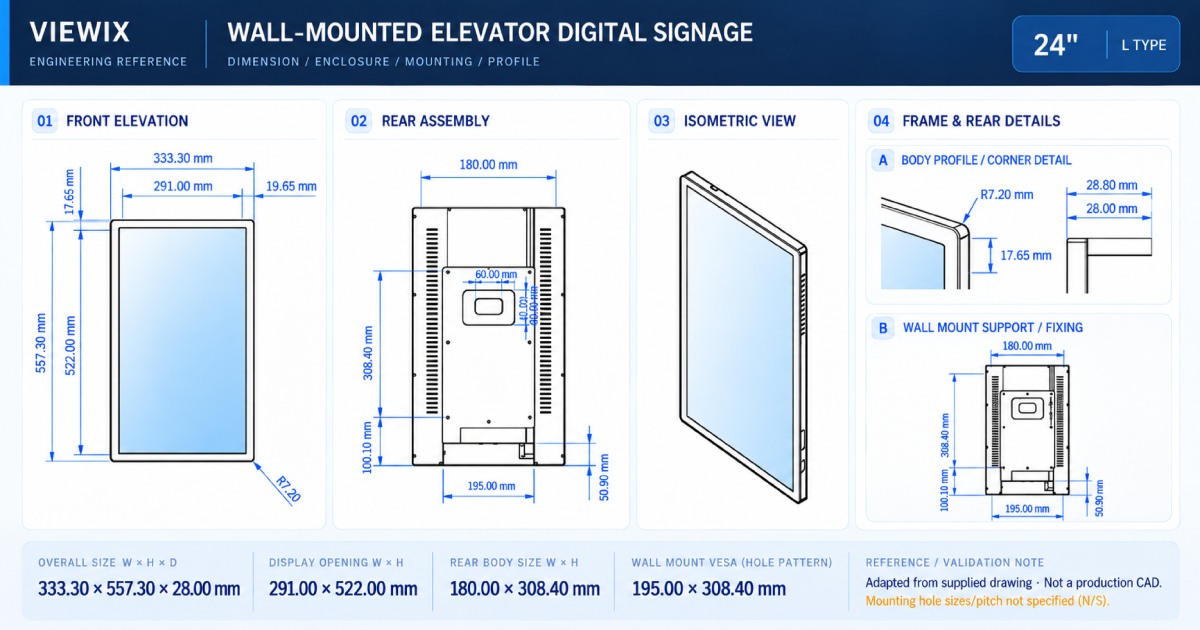 24-Inch Wall-Mounted Elevator Digital Signage technical drawing showing front, rear, enclosure dimensions and mounting details