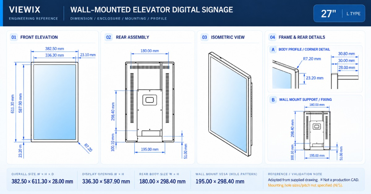 27-Inch Wall-Mounted Elevator Digital Signage technical drawing showing front, rear, enclosure dimensions and mounting details