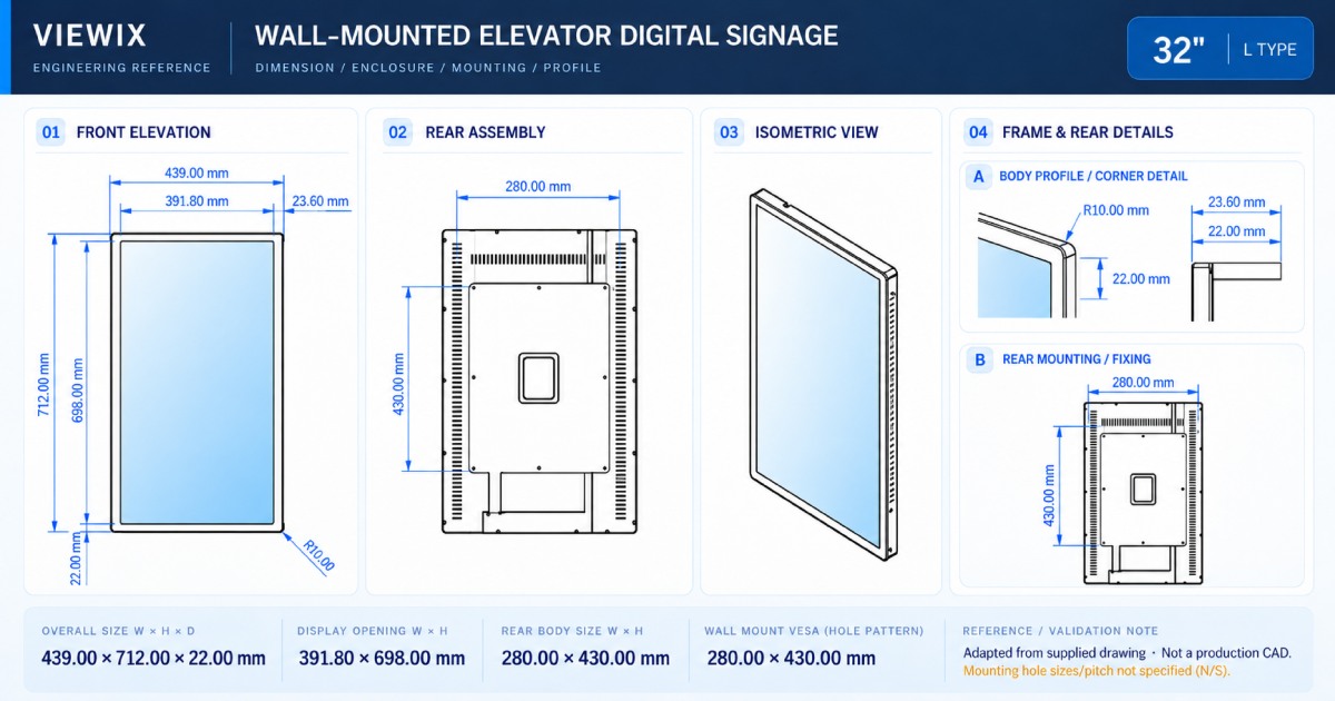 32-Inch Wall-Mounted Elevator Digital Signage technical drawing showing front, rear, enclosure dimensions and mounting details