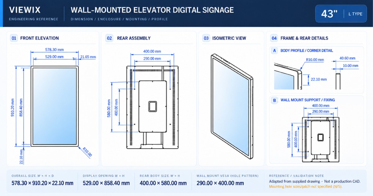 43-Inch Wall-Mounted Elevator Digital Signage technical drawing showing front, rear, enclosure dimensions and mounting details