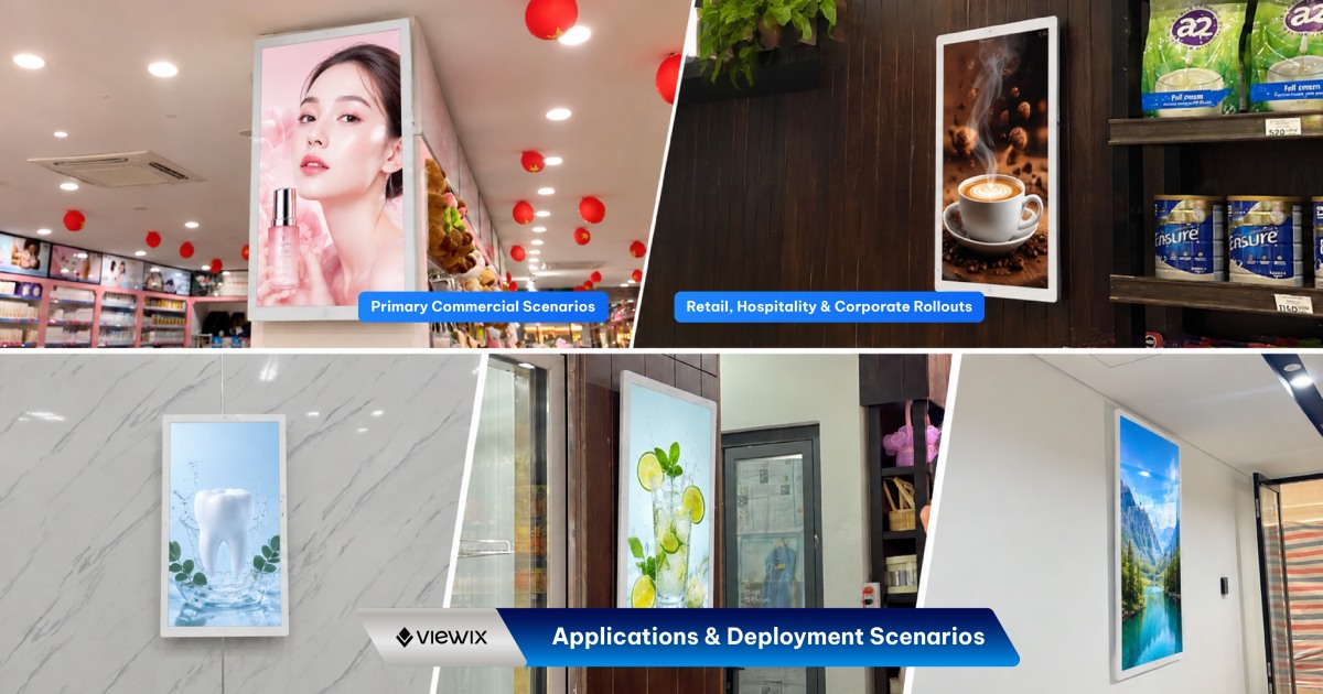 18.5-Inch Wall-Mounted Elevator Digital Signage application illustration showing wall-mounted displays in retail and commercial interiors