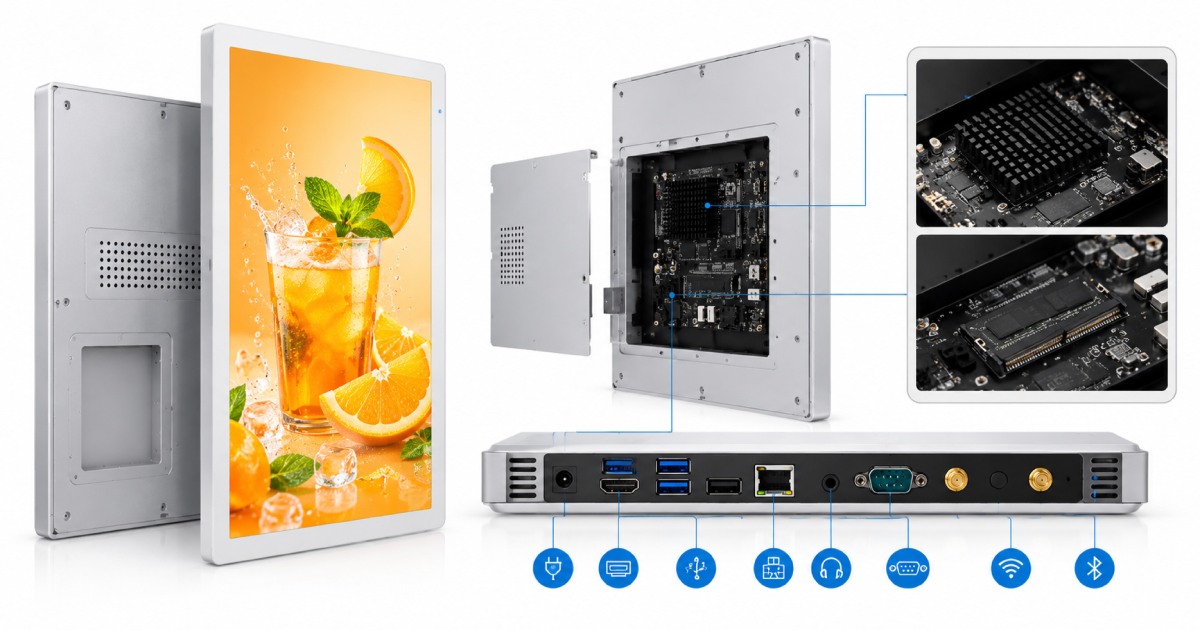18.5-Inch Wall-Mounted Elevator Digital Signage hardware illustration showing front and rear enclosure, mainboard, memory and I/O ports