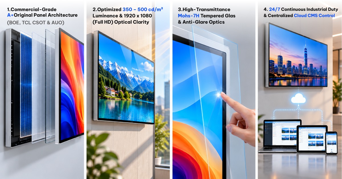 18.5-Inch Wall-Mounted Elevator Digital Signage feature illustration showing panel layers, optical clarity, tempered glass and cloud CMS