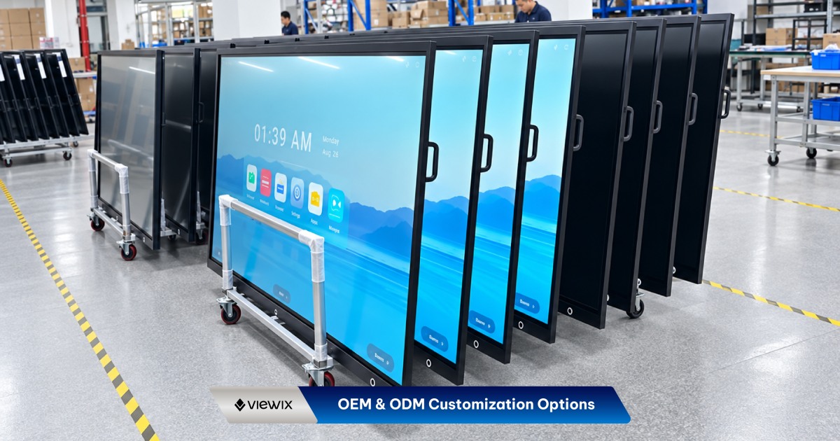 22-Inch Wall Mount Digital Signage OEM and ODM customization illustration showing display units staged at a factory